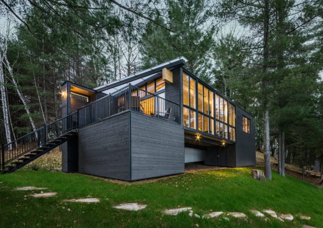 Angled-view of exterior of CLT Cottage from lake