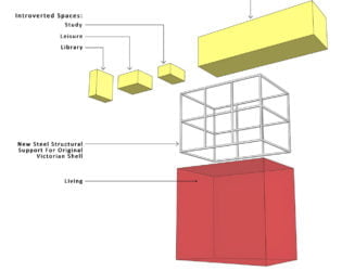 Diagram of reconfigured primary spaces of Echo House, deconstructed