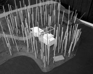 Exterior view of Hurteau-Miller Residence model from a distance in greyscale