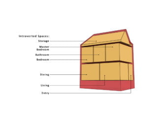 Diagram of reconfigured primary spaces of Echo House, before