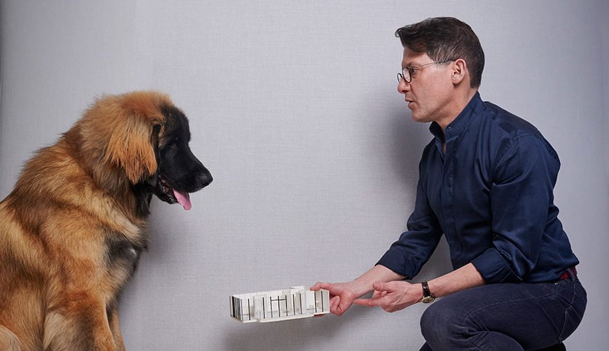 Coloured picture of Paul Kariouk with his dog