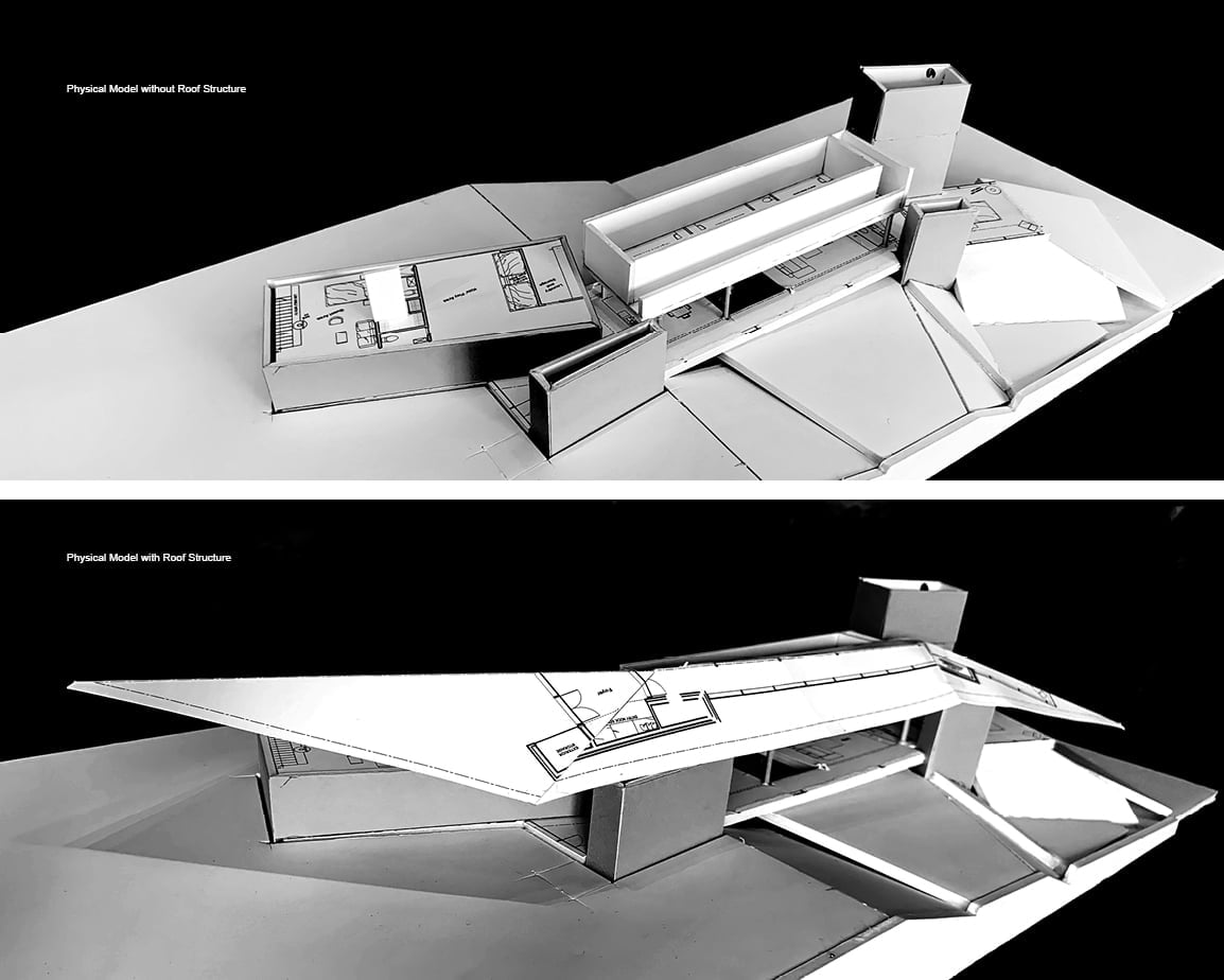 Split view of Forest Retreat physical model with roof details