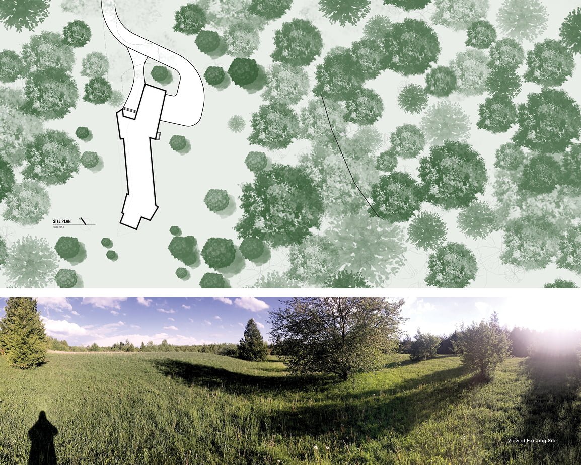 Split view of Forest Retreat site plan and view of existing site