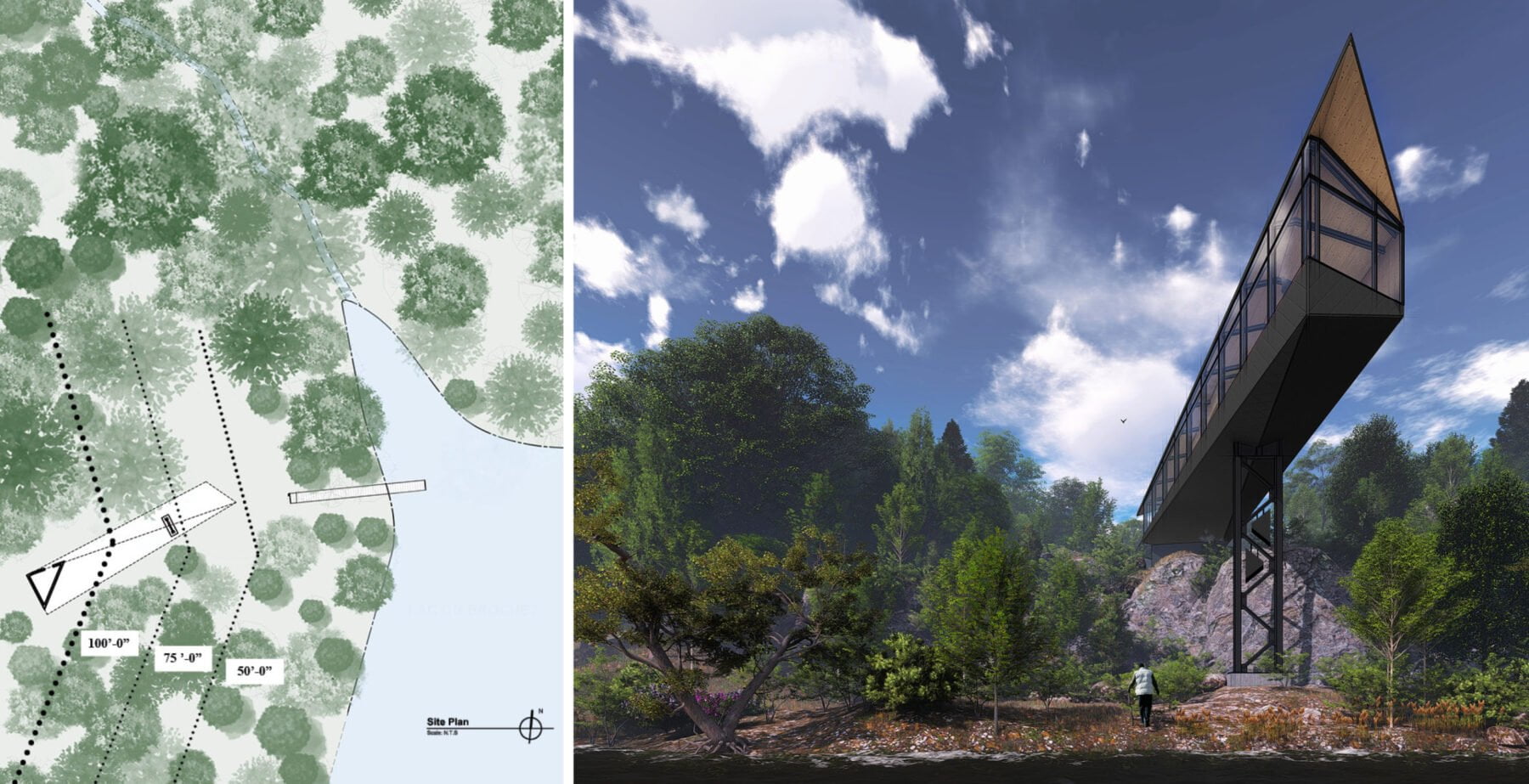 cross laminated timber cottage that projects off the side of a mountain